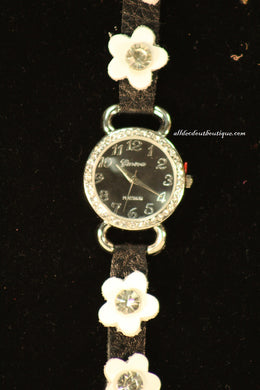 Black/Black, White Flowers | Leather Band w/ Buckle Clasp