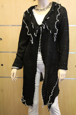 Lily | Crochet Sweater Cardigan Black with White Trimming with Sequin